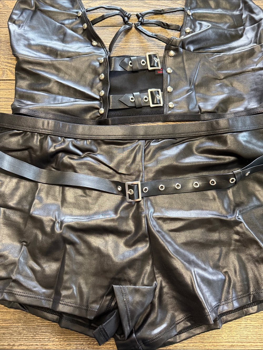 Lust Black Faux Leather Halter Top & Shorts Set Goth Metal Grunge Club Wear - Picture 3 of 5